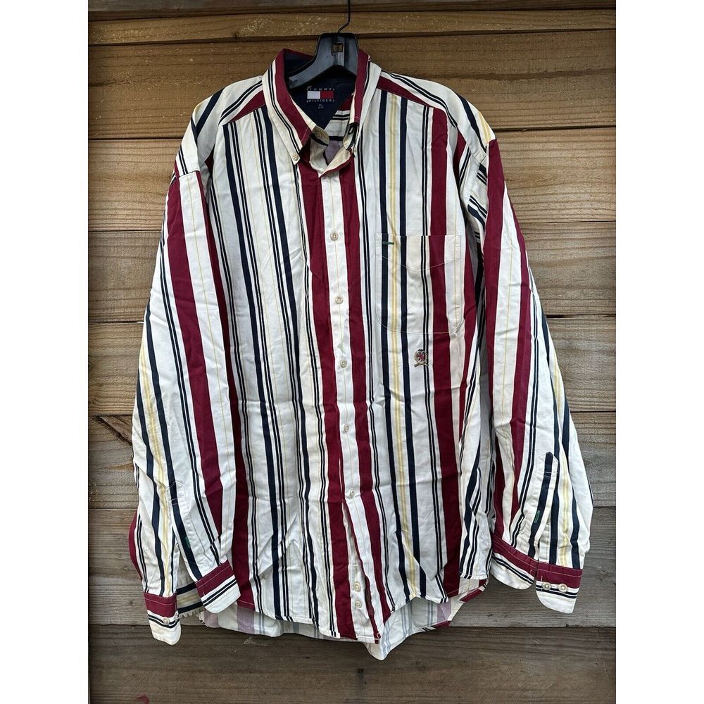 VTG 90s Tommy‎ Hilfiger Multicolor Striped Lion Crest Hip Hop Button Down XL